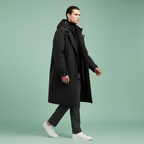 Waterproof Hooded Long Trench Coat with Zip and Button Closure for Men