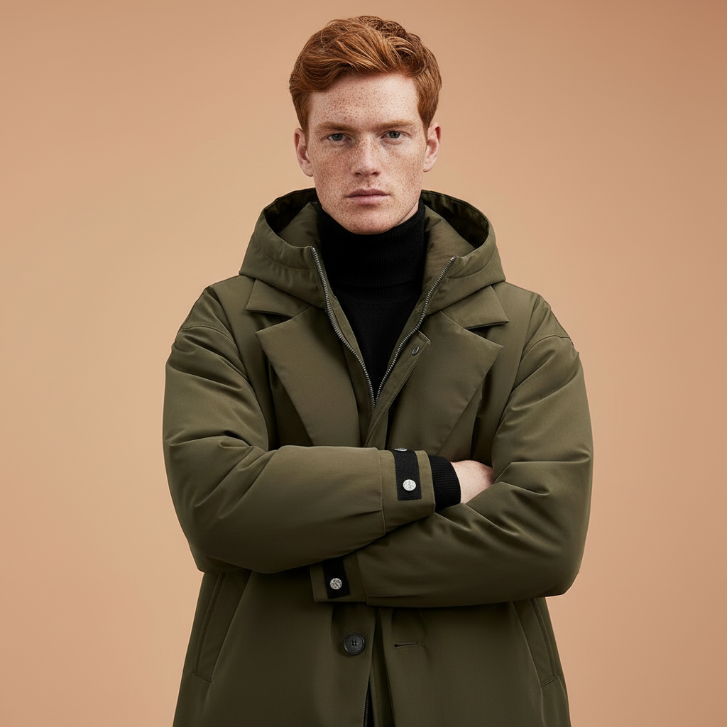 Waterproof Hooded Long Trench Coat with Zip and Button Closure for Men
