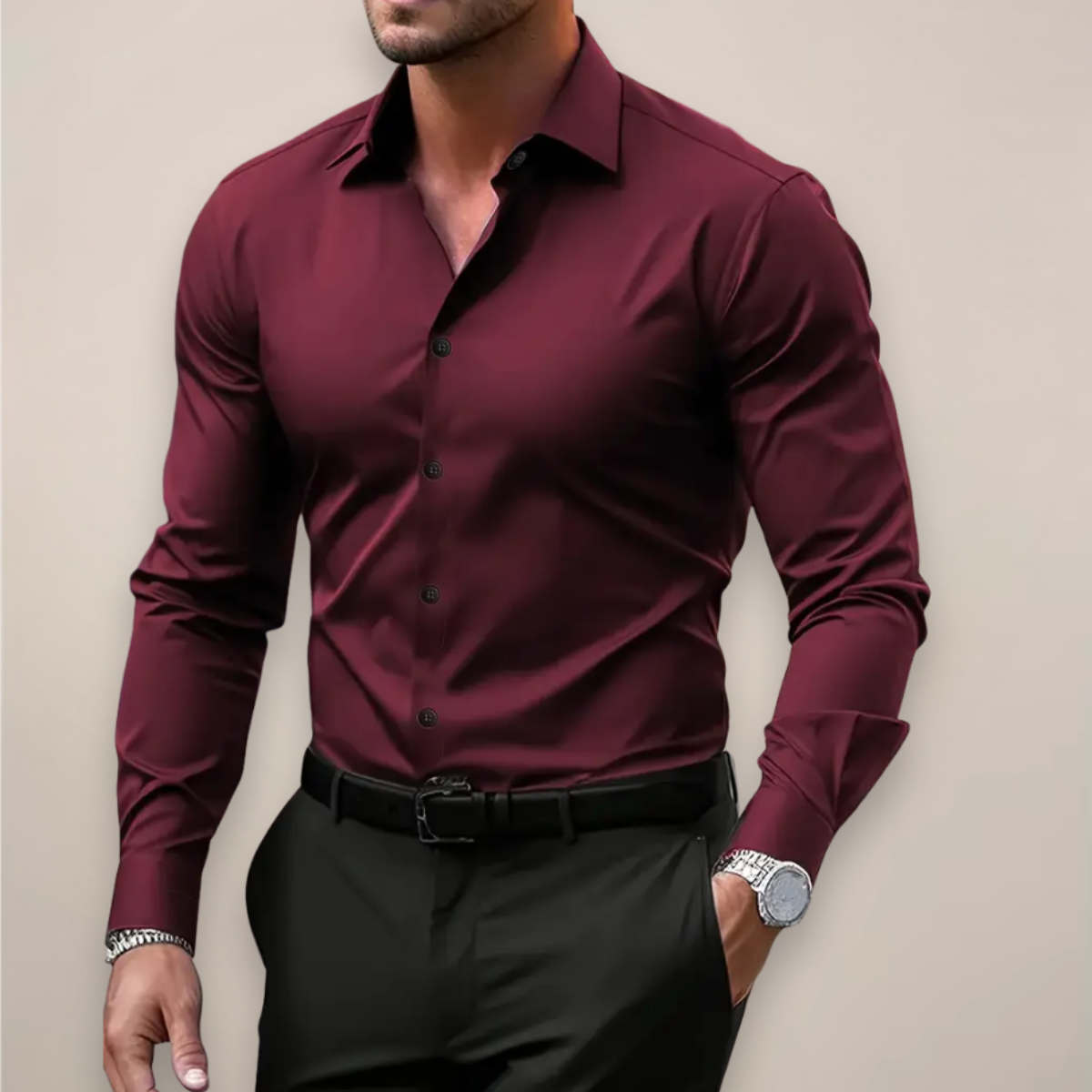 Dark Green Long Sleeve Slim Fit Shirt for Men