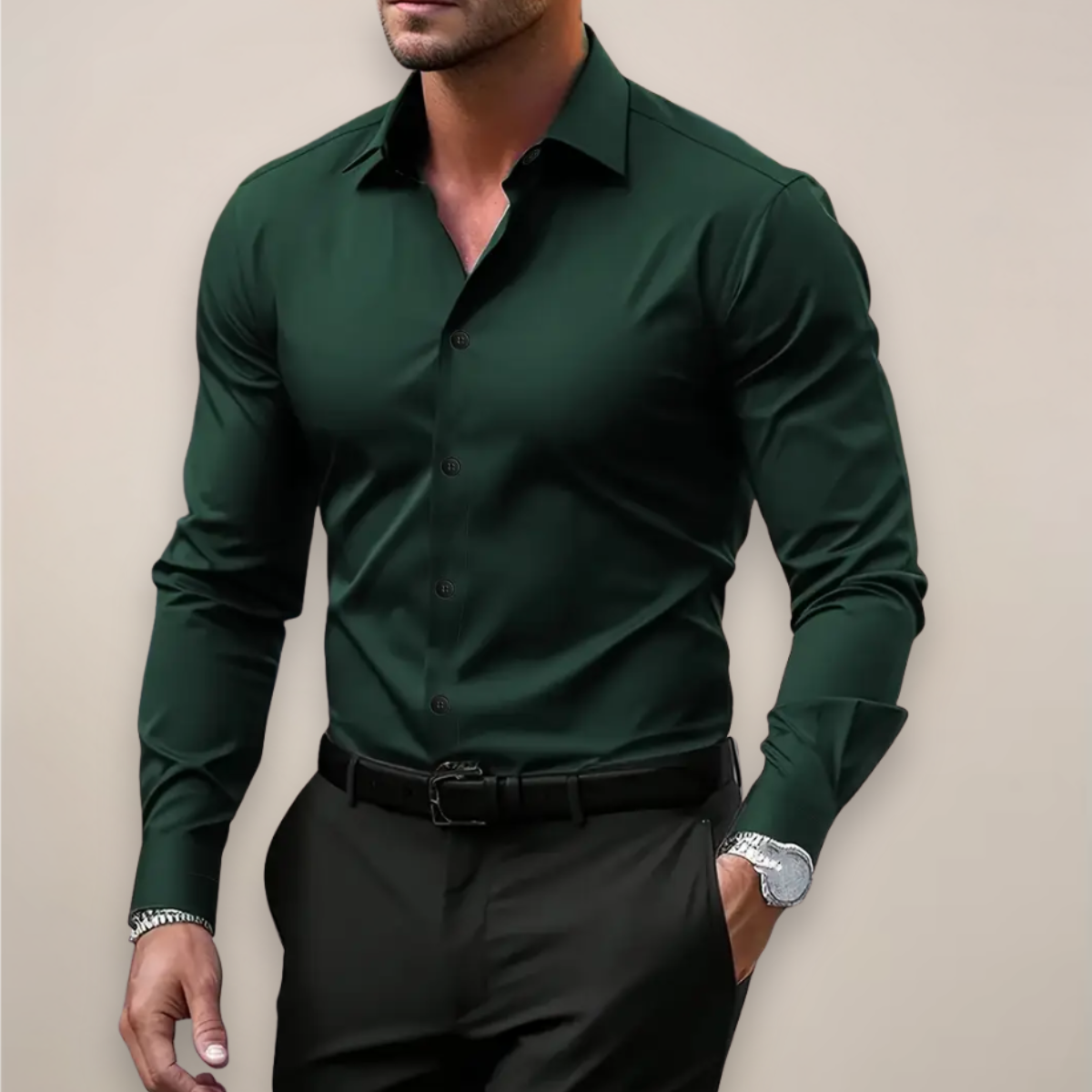 Dark Green Long Sleeve Slim Fit Shirt for Men