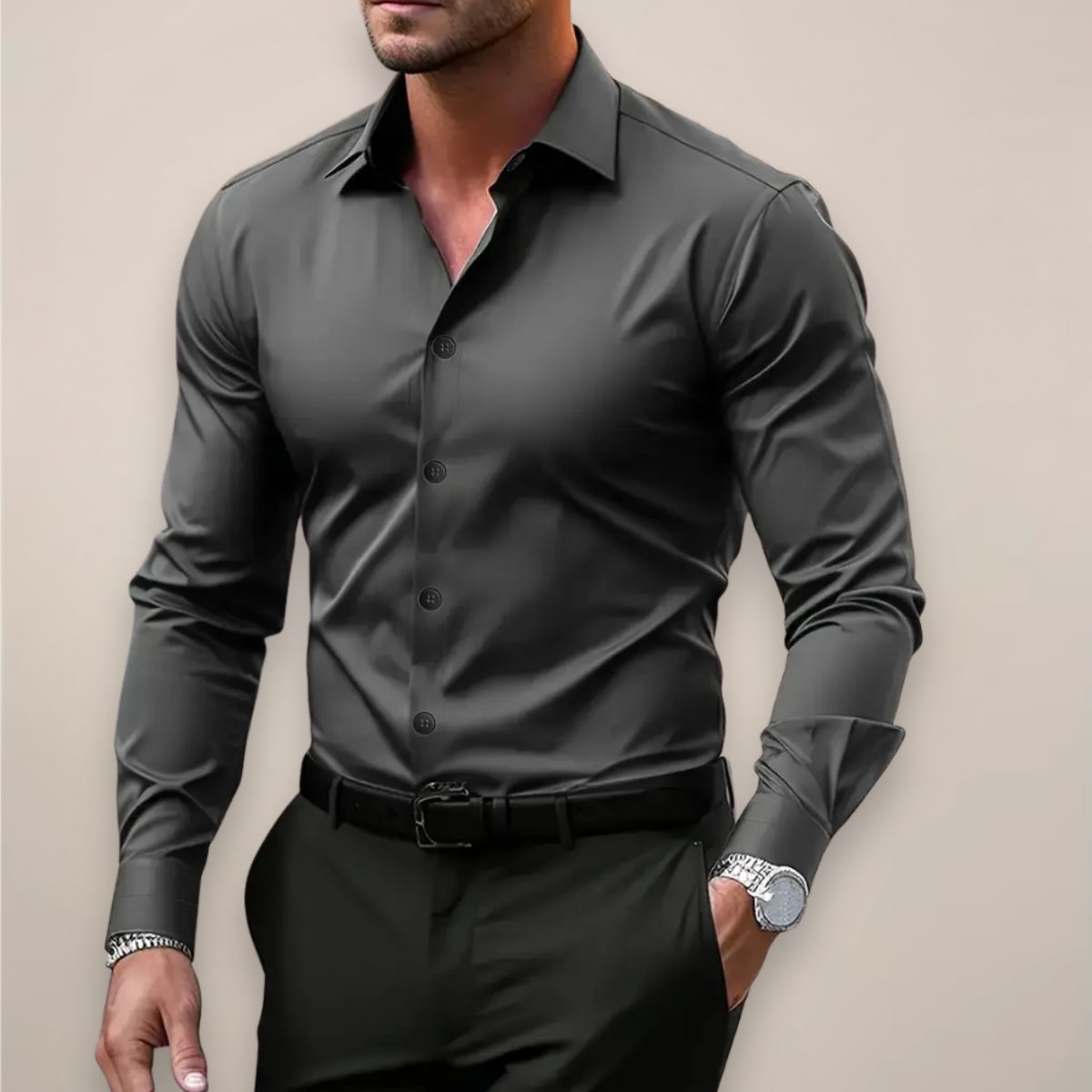 Dark Green Long Sleeve Slim Fit Shirt for Men