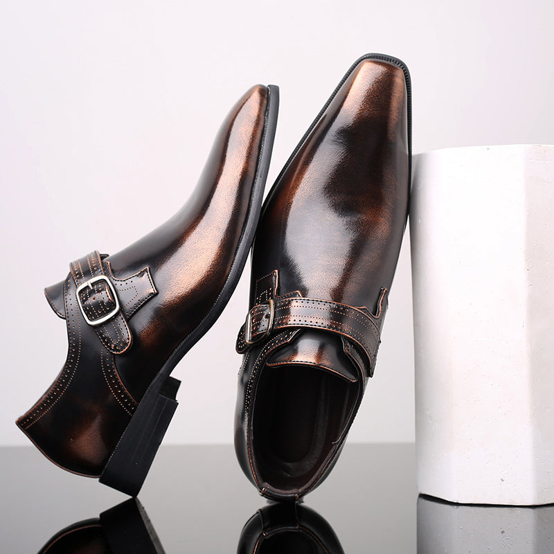 Brown Leather-Look Monk Strap Dress Shoes for Men