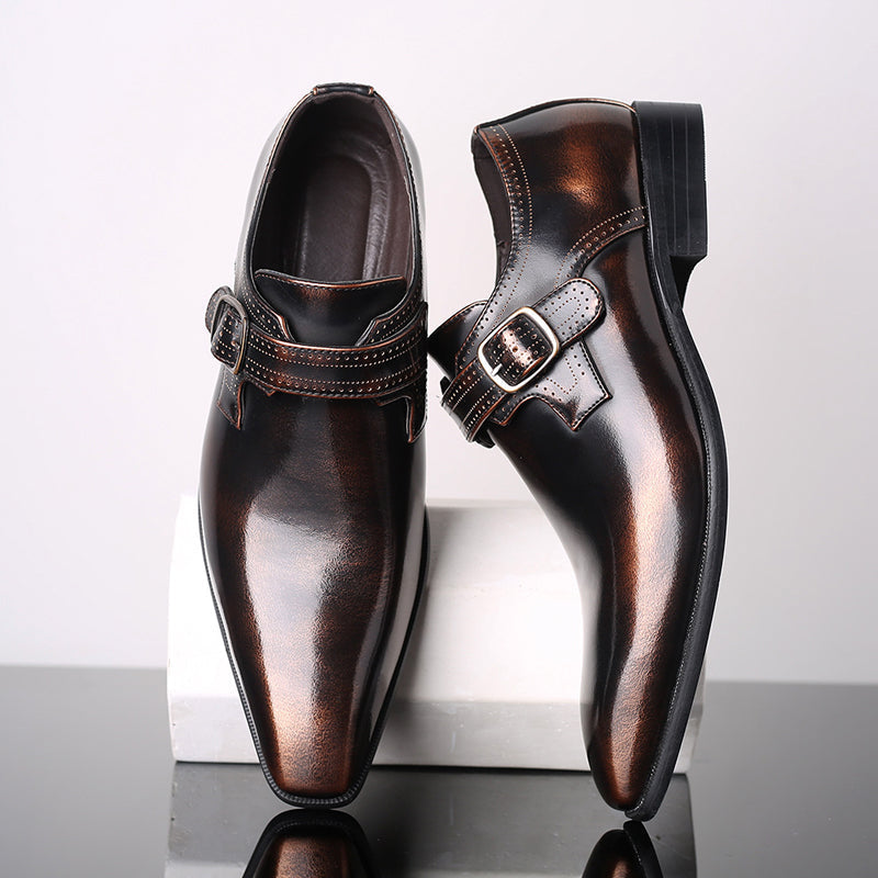 Brown Leather-Look Monk Strap Dress Shoes for Men