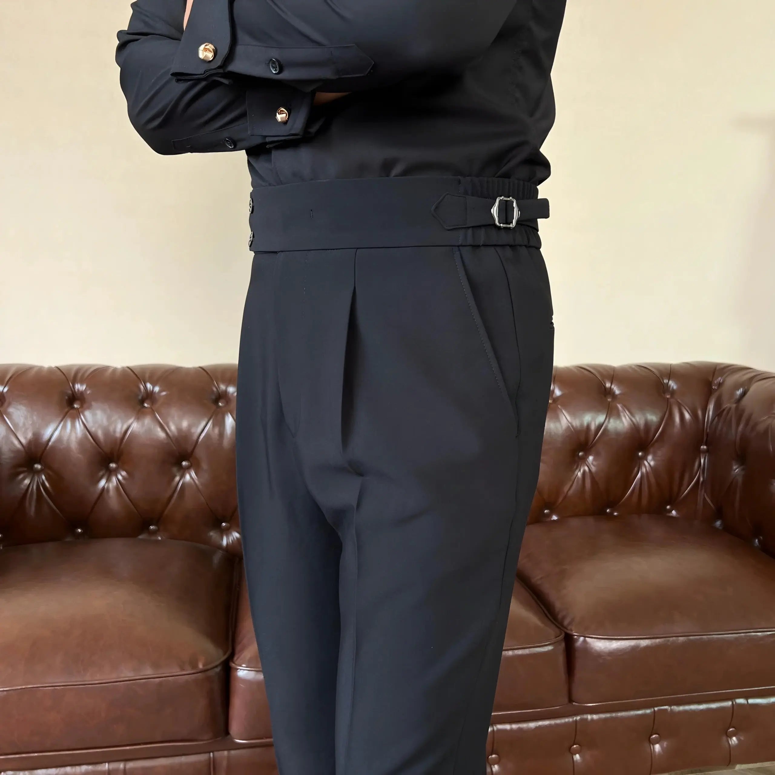 High-Waisted Pleated Double Button Trousers for Men
