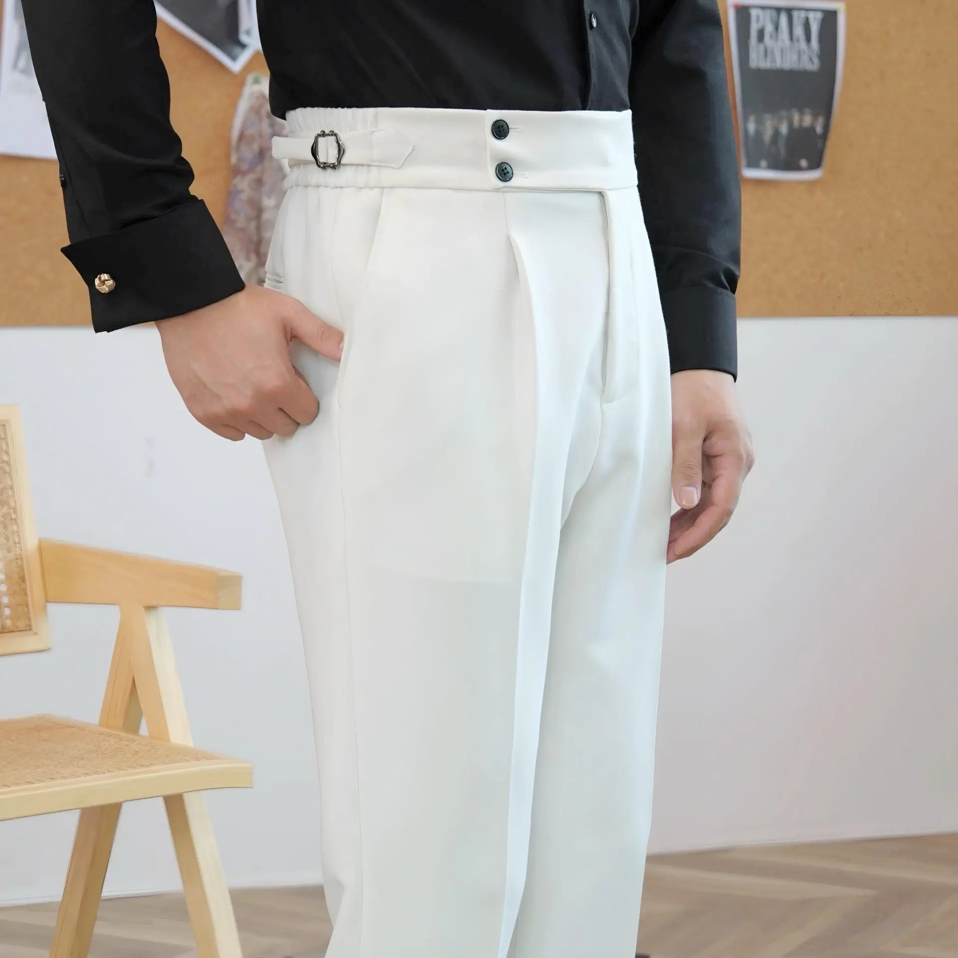 High-Waisted Pleated Double Button Trousers for Men