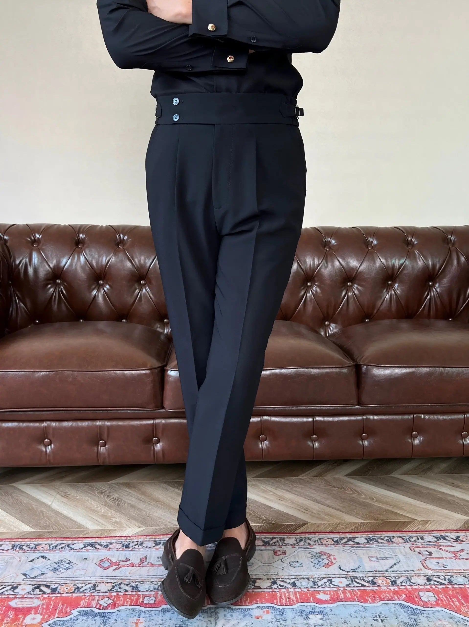 High-Waisted Pleated Double Button Trousers for Men