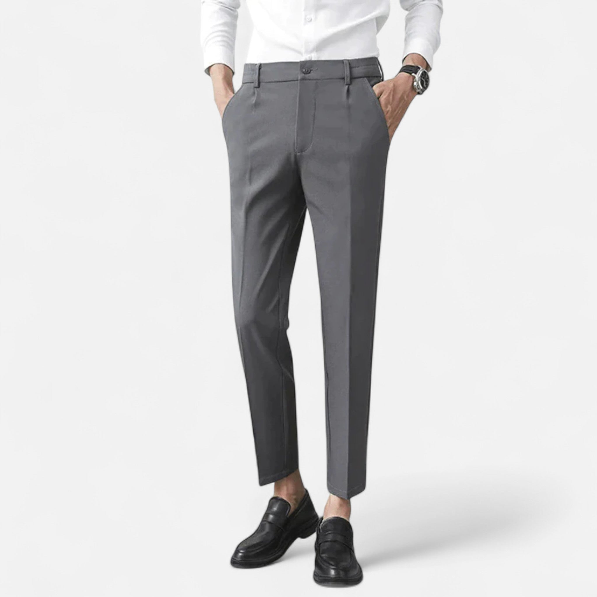 Grey Slim Fit Tailored Ankle Length Trousers for Men