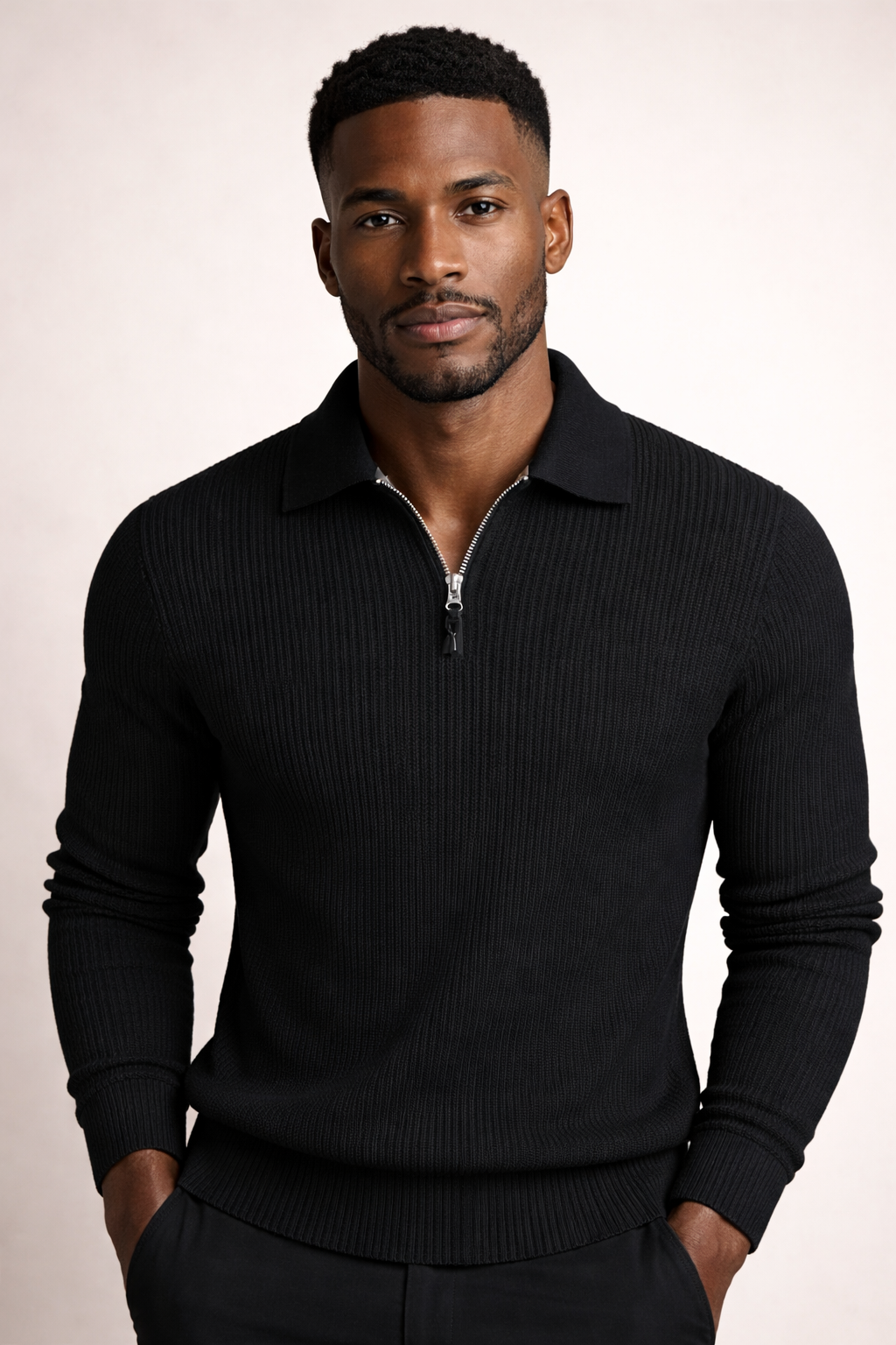 Polyester Ribbed Quarter-Zip Jumper for Men | Winter Casual Wear