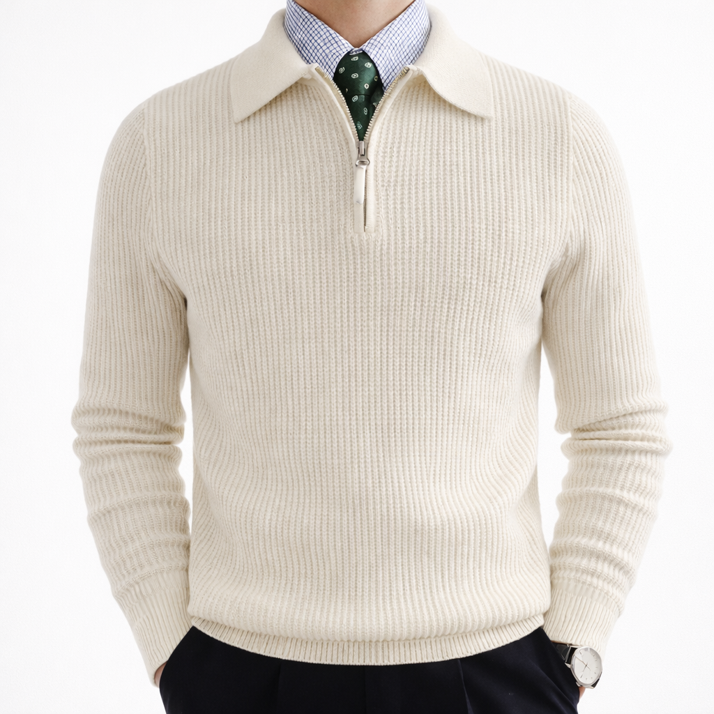 Polyester Ribbed Quarter-Zip Jumper for Men | Winter Casual Wear