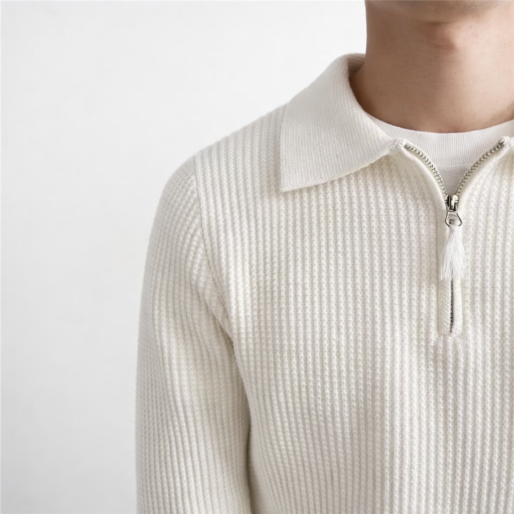 Polyester Ribbed Quarter-Zip Jumper for Men | Winter Casual Wear