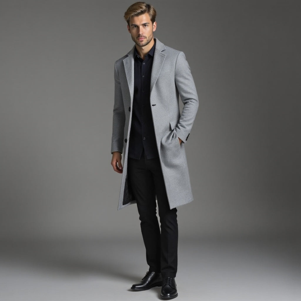 Grey Slim Fit Winter Coat for Men | Classic Formal Occasion Wear