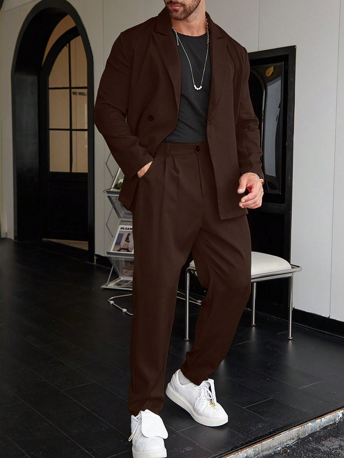 Slim Fit Two Piece Tailored Business Suit Set with Blazer and Trousers for Men