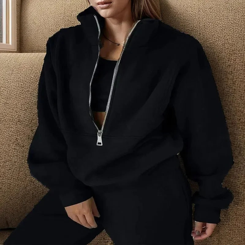 Women Lounge Set | Half-zip top with high collar and pants
