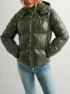 Glossy Polyester Quilted Jacket with Adjustable Hood and Zip Pockets for Women