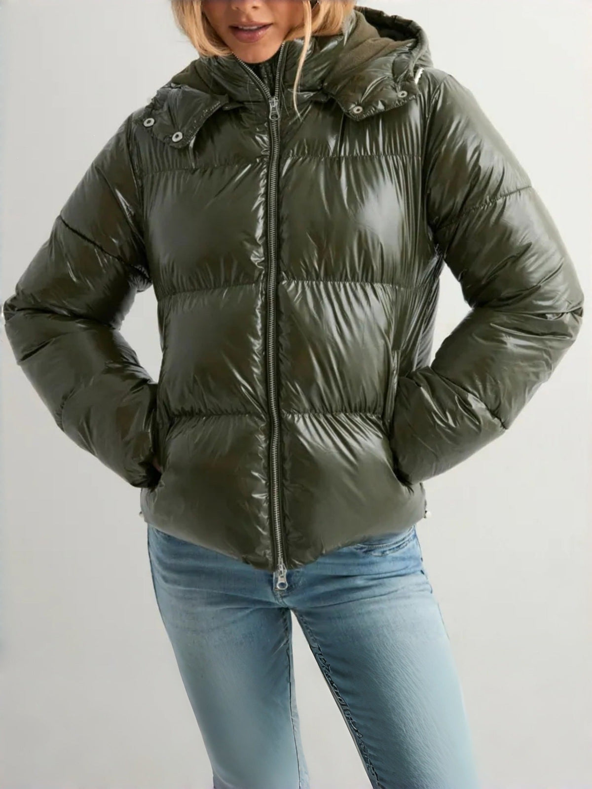 Glossy Polyester Quilted Jacket with Adjustable Hood and Zip Pockets for Women