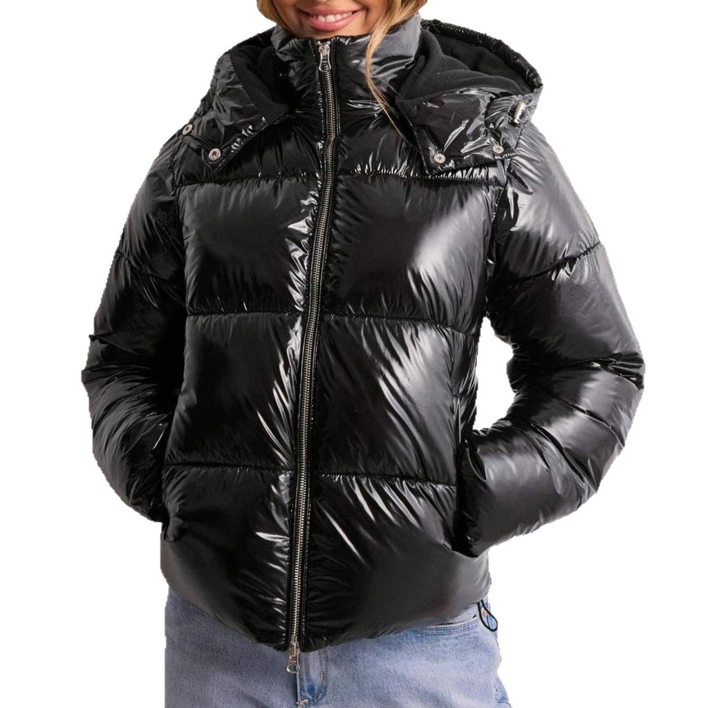 Glossy Polyester Quilted Jacket with Adjustable Hood and Zip Pockets for Women