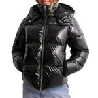 Glossy Polyester Quilted Jacket with Adjustable Hood and Zip Pockets for Women