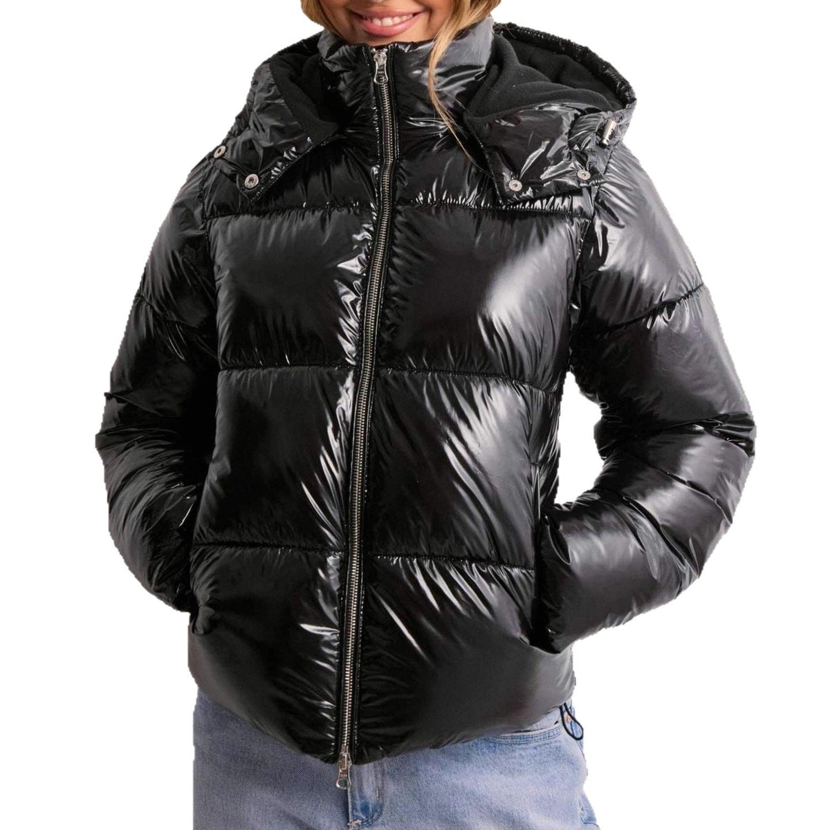 Glossy Polyester Quilted Jacket with Adjustable Hood and Zip Pockets for Women