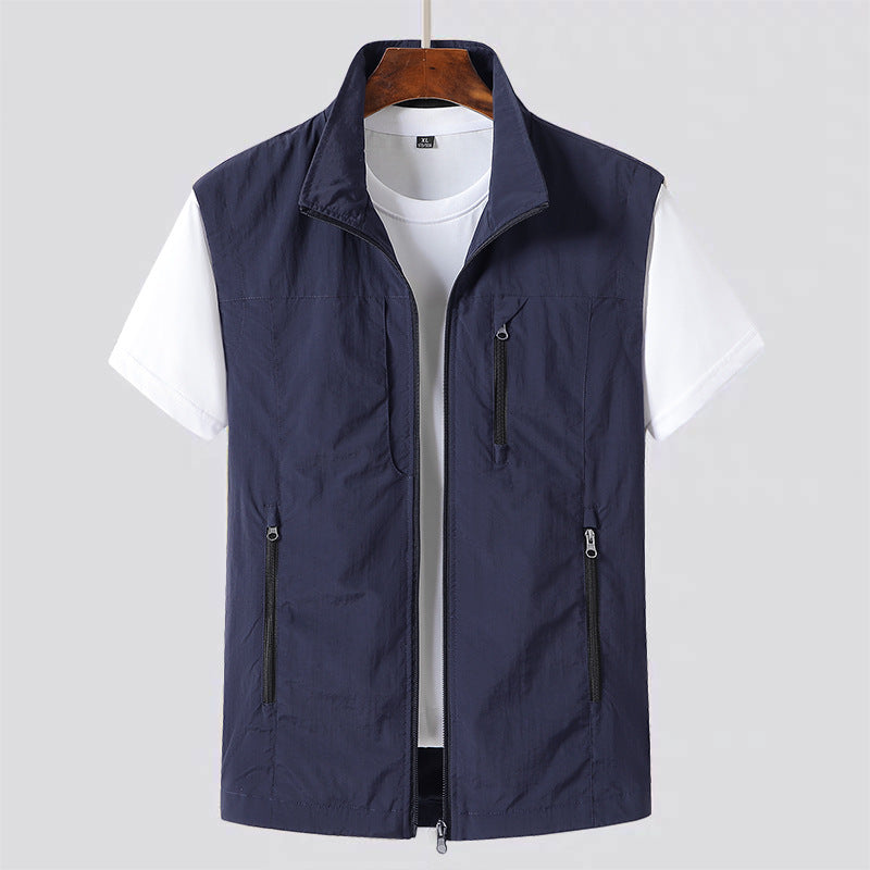 Khaki Zip Front Sleeveless Utility Gilet for Men