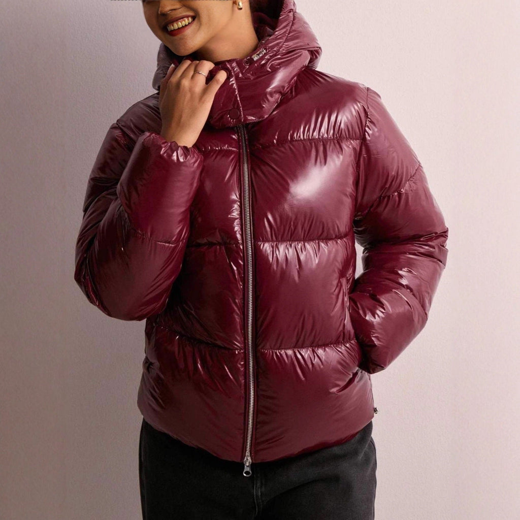 Glossy Polyester Quilted Jacket with Adjustable Hood and Zip Pockets for Women