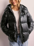 Glossy Polyester Quilted Jacket with Adjustable Hood and Zip Pockets for Women