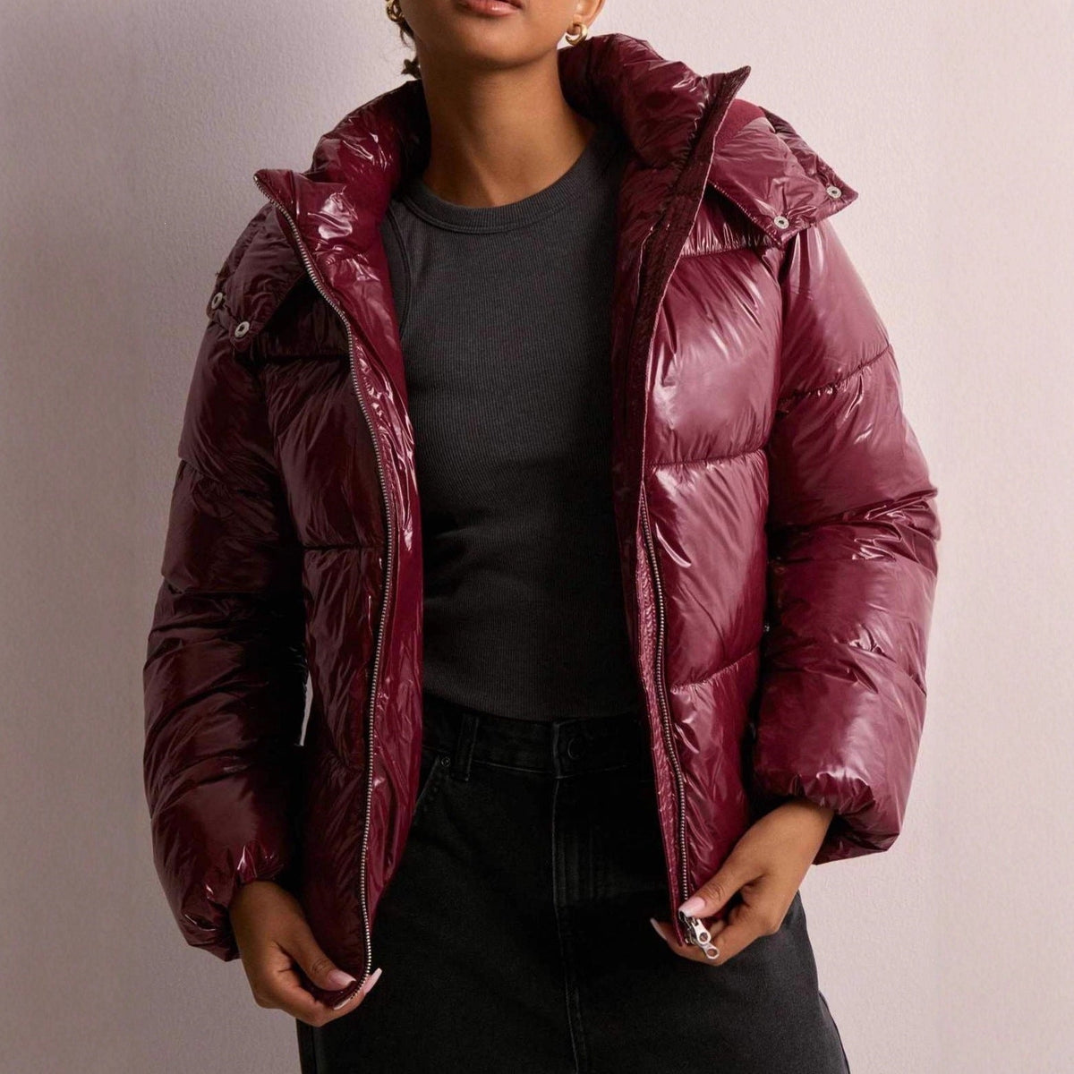 Glossy Polyester Quilted Jacket with Adjustable Hood and Zip Pockets for Women