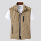 Khaki Zip Front Sleeveless Utility Gilet for Men