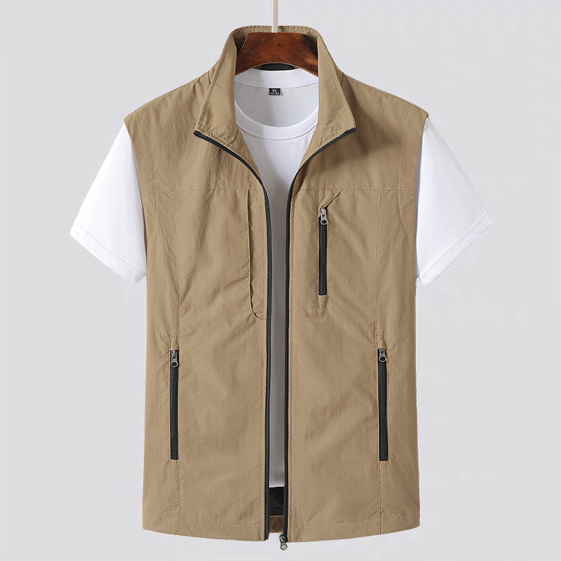 Khaki Zip Front Sleeveless Utility Gilet for Men