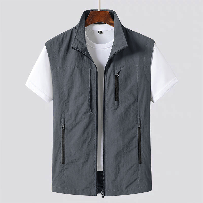 Khaki Zip Front Sleeveless Utility Gilet for Men