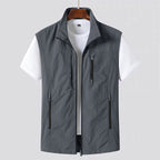 Khaki Zip Front Sleeveless Utility Gilet for Men