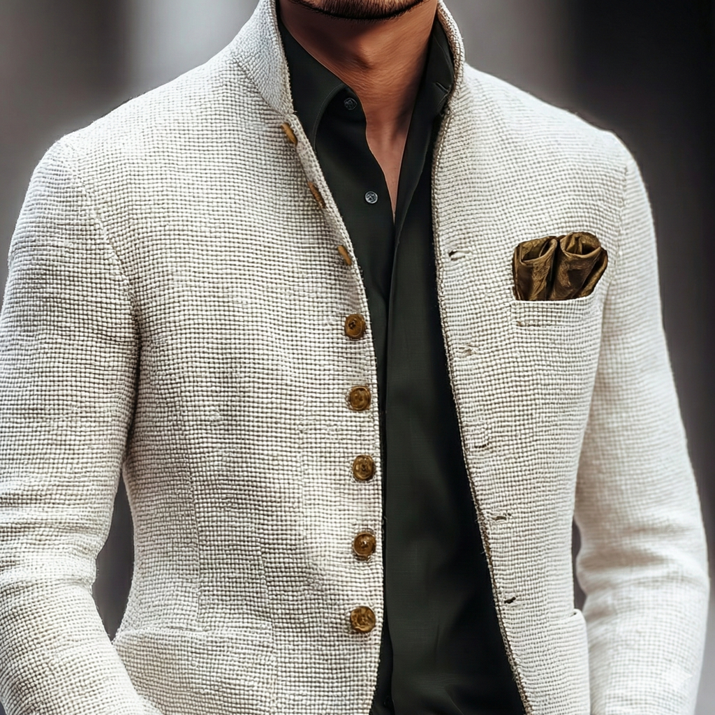 White Lightweight Textured Knit Stand Collar Single Breasted Cardigan for Men
