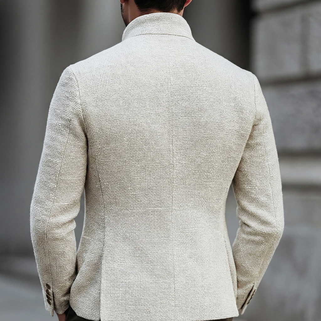 White Lightweight Textured Knit Stand Collar Single Breasted Cardigan for Men