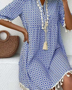 Blue Geometric Print Mini Tunic Dress for Women | Festival & Beach