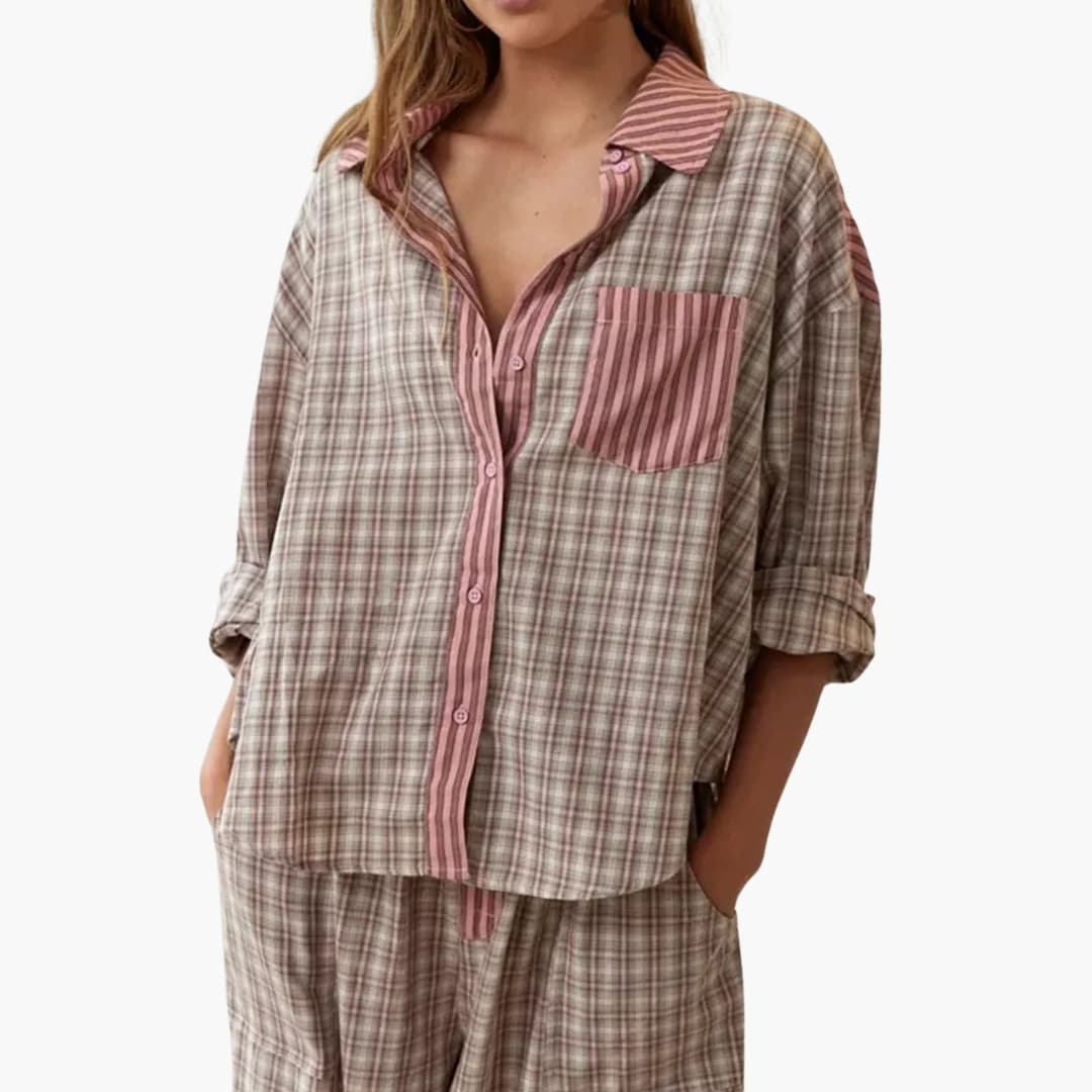 Women Sets | Long-sleeve checked top with contrast collar