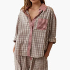 Women Sets | Long-sleeve checked top with contrast collar