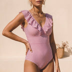 Striped Ruffle V-Neck One-Piece Swimsuit for Women