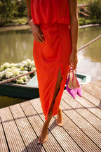 Orange Halter Neckline Midi Dress for Women | Summer Occasion