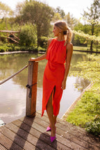 Orange Halter Neckline Midi Dress for Women | Summer Occasion