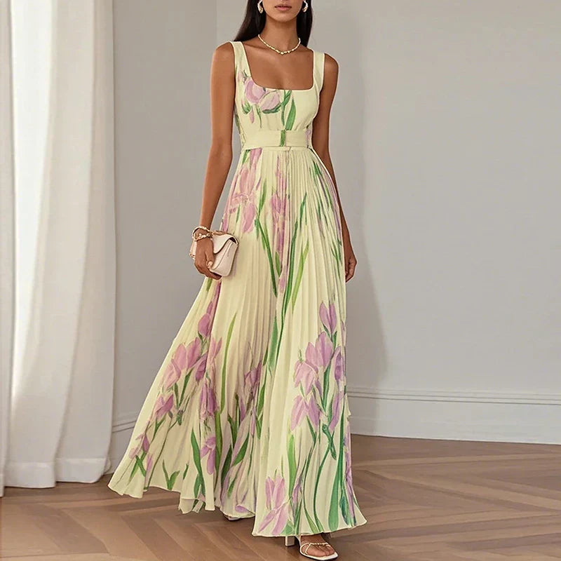 Floral Square Neck Pleated Maxi Dress for Women | Wedding Guest
