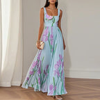 Floral Square Neck Pleated Maxi Dress for Women | Wedding Guest