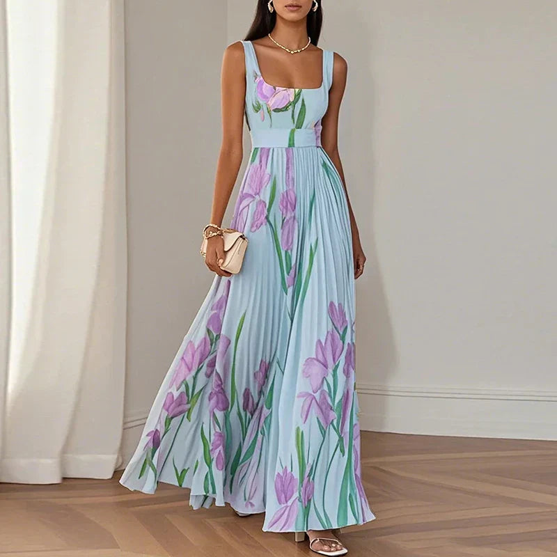 Floral Square Neck Pleated Maxi Dress for Women | Wedding Guest