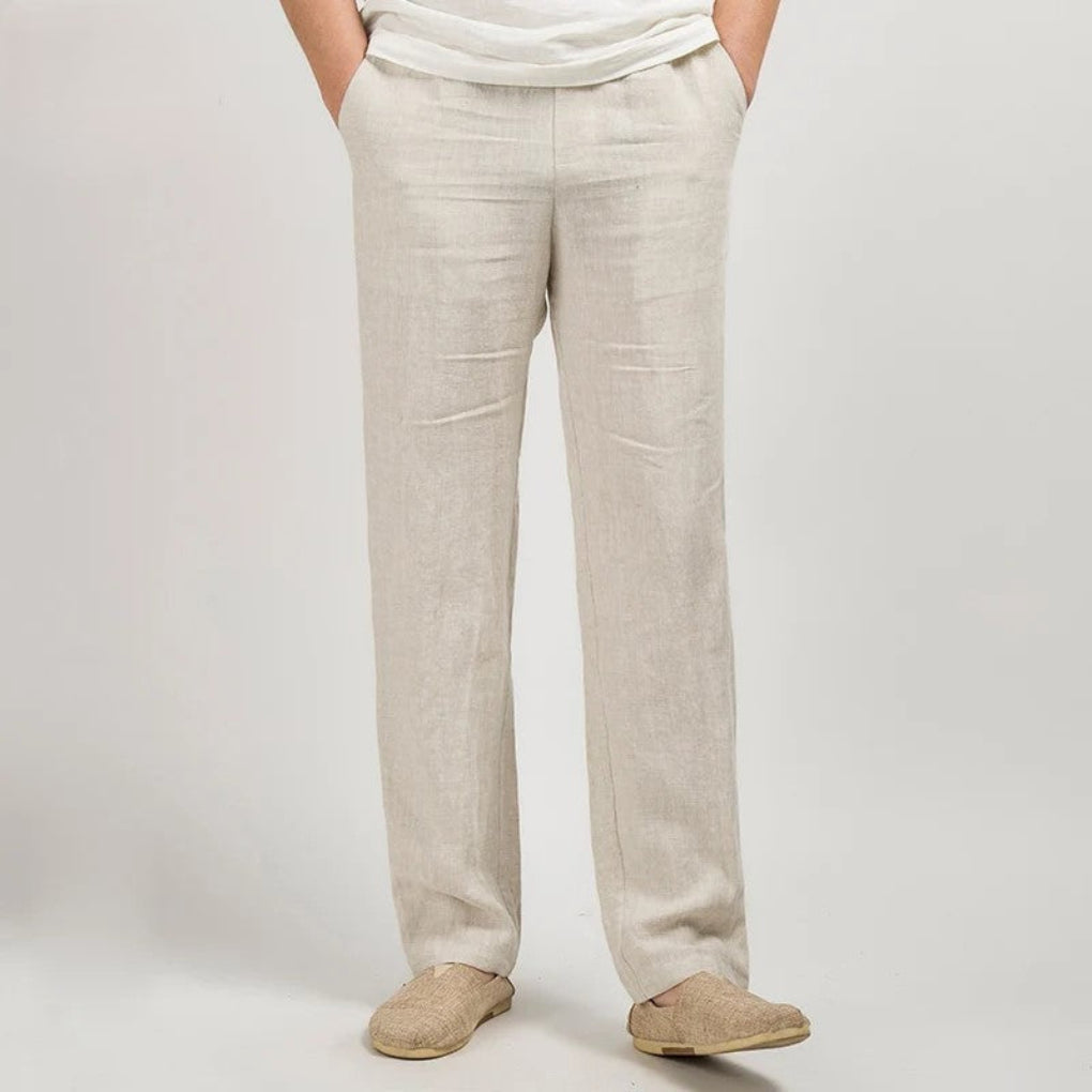 Beige Linen Lightweight Relaxed Fit Straight Leg Summer Trousers for Men