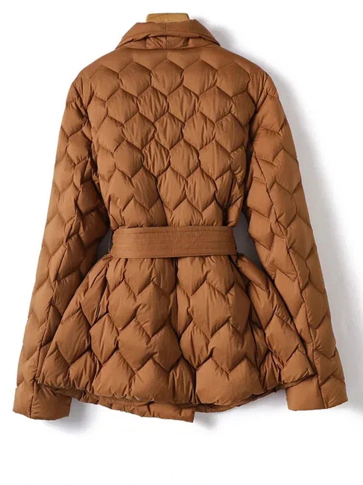 Duck Down Filled Long Puffer Coat with Waist Belt for Women | Winter Collection