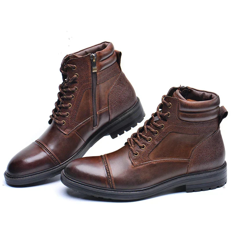 Brown Leather Laced Side Zip Boots for Men | Autumn Winter Outdoor Wear