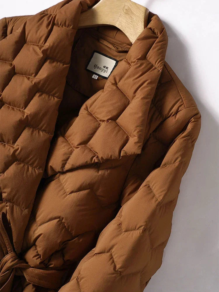 Duck Down Filled Long Puffer Coat with Waist Belt for Women | Winter Collection