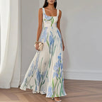 Floral Square Neck Pleated Maxi Dress for Women | Wedding Guest