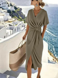 Twist Front Midi Dress for Women | V-Neck Batwing Sleeve Wrap Style