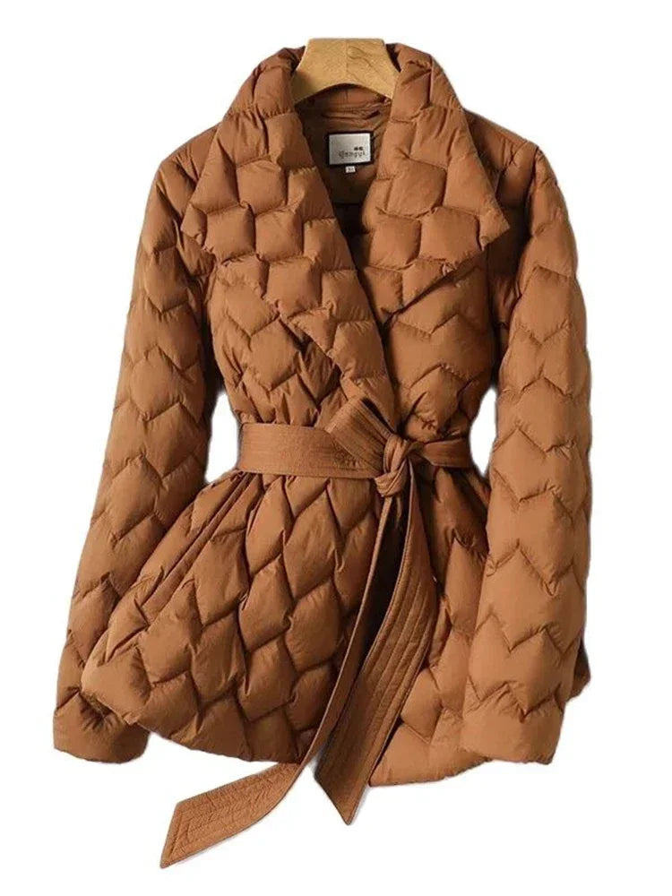 Duck Down Filled Long Puffer Coat with Waist Belt for Women | Winter Collection