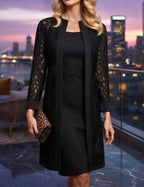 Lace Long Cardigan and Sheath Dress Set with Twist Waist for Women | Occasion