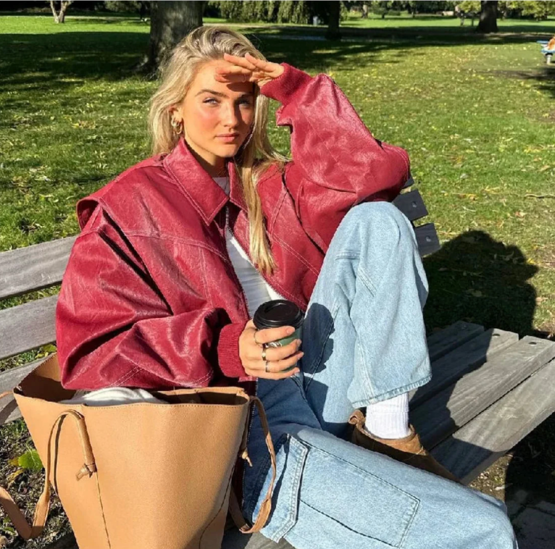 Burgundy Oversized Bomber Jacket for Women | Casual Layering Outerwear